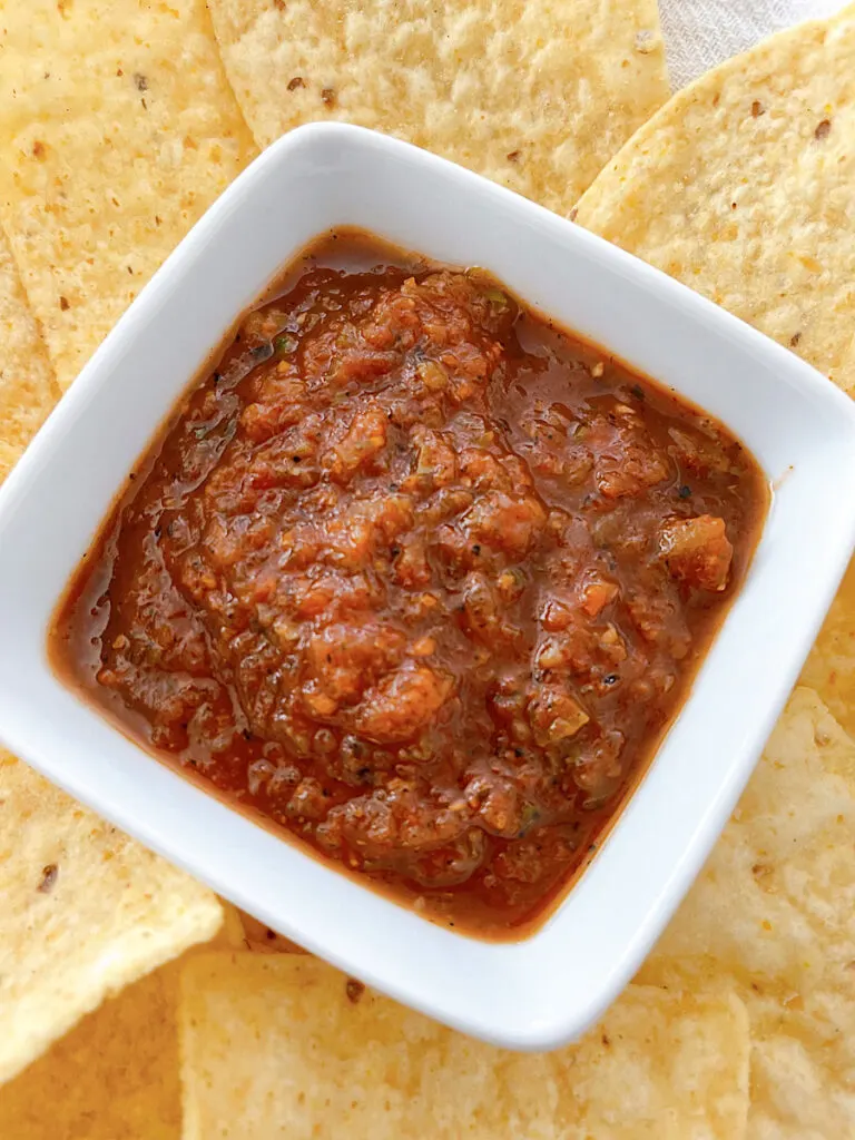 A bowl of salsa with tortilla chips.