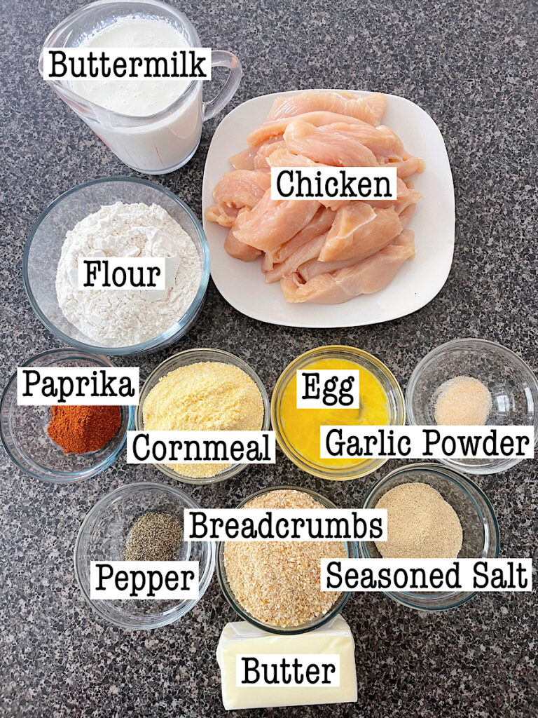 Ingredients to make chicken strips for Louisiana Chicken Pasta.