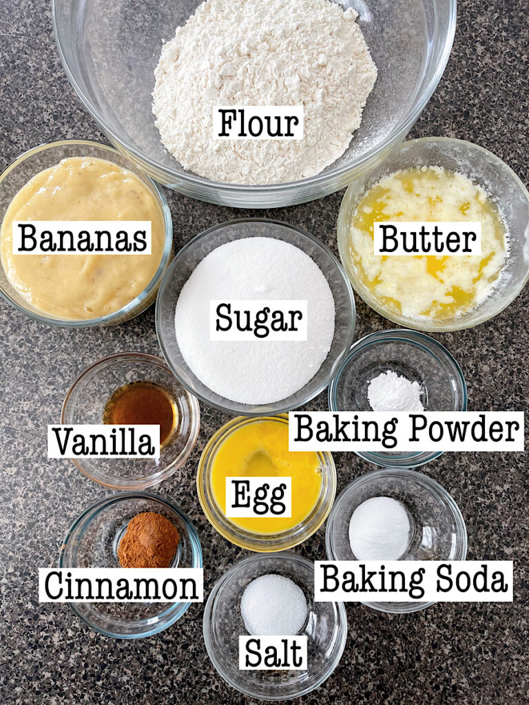 Ingredients to make Cinnamon Banana Muffins.