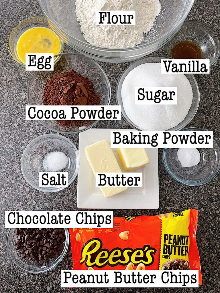 Ingredients for Reese's Chocolate Peanut Butter Chip Cookies