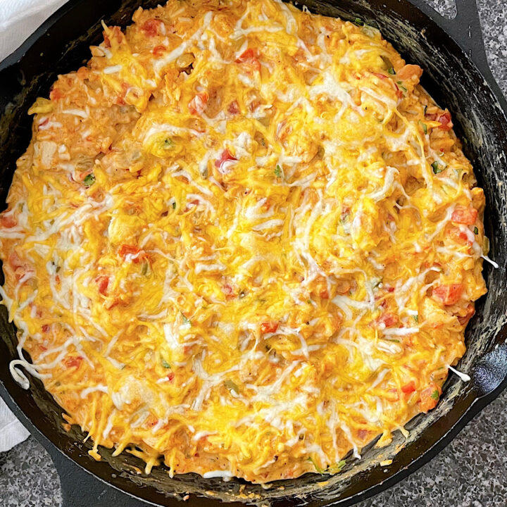 Spicy Mexican Casserole in a cast iron skillet.