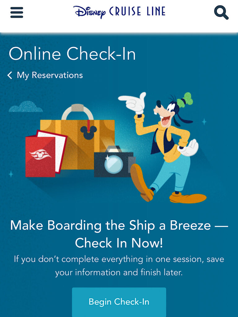 Online check-in screen for Disney Cruise Line.