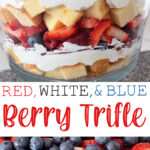 A berry trifle with pound cake, cheesecake filling for the 4th of July.