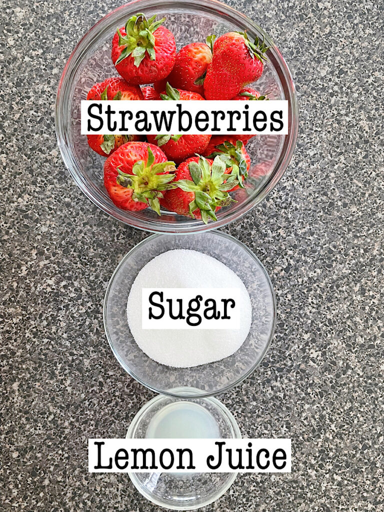 Ingredients to make fresh strawberry topping for a strawberry cream cake.