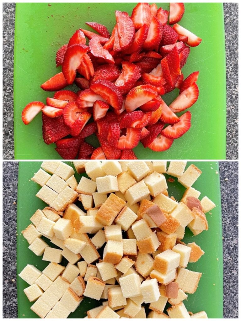 Chopped strawberries and pound cake cut into cubes.