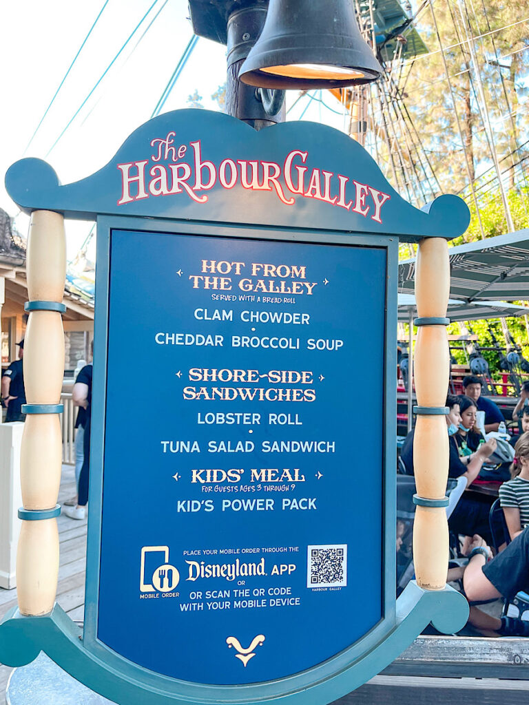 Menu for Harbour Galley restaurant at Disneyland.