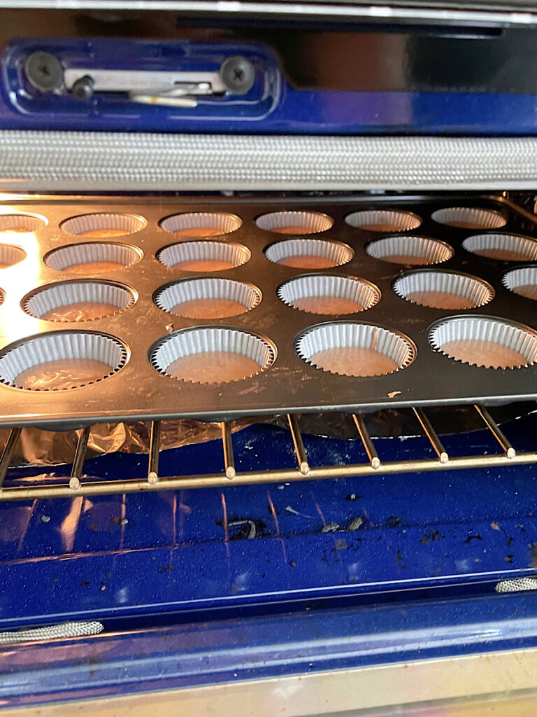 Chocolate cupcakes baking in an oven.