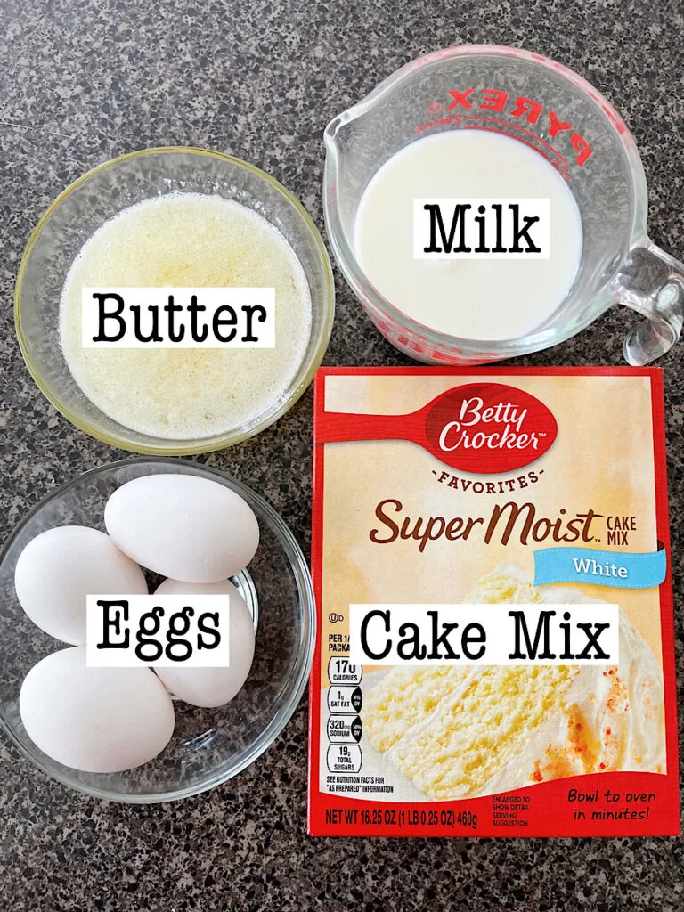 Ingredients to make the cake layer of a strawberry cream cake.