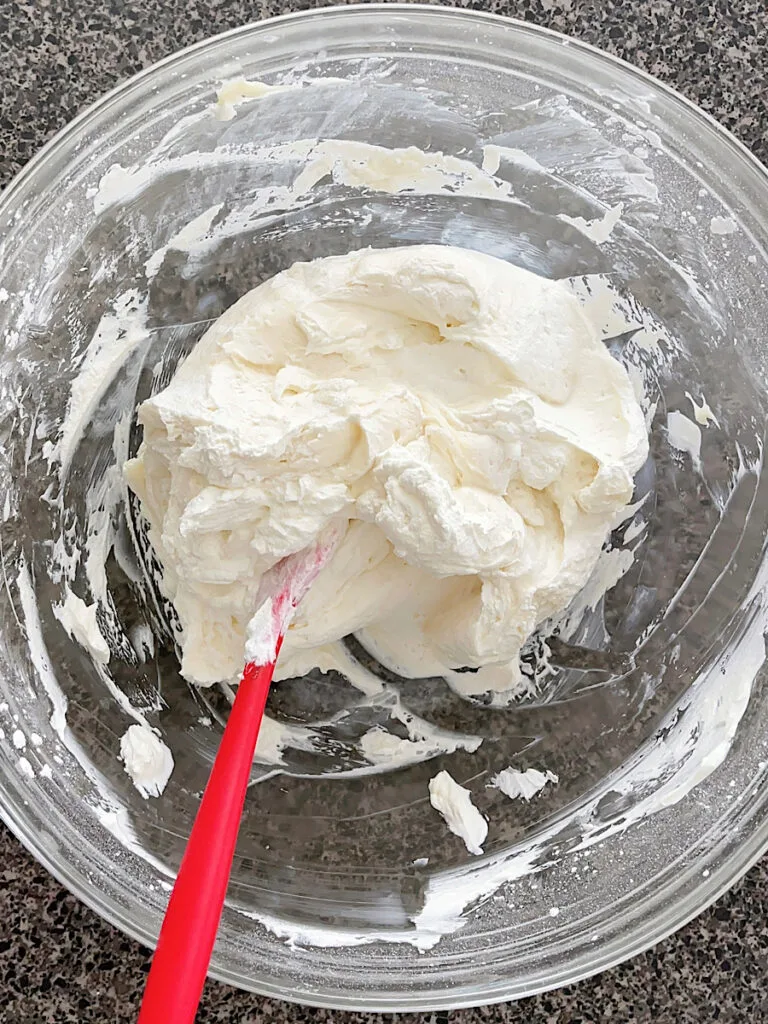 Cream cheese mixed with whipped cream to make a no bake cheesecake filling.