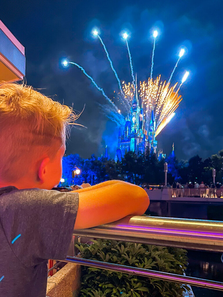 A boy watching the fireworks over Cinderella's Castle at Magic Kingdom during a Dessert Party.