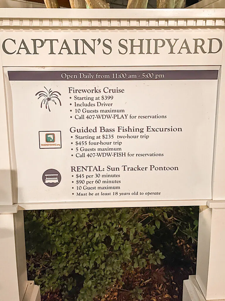 Price list for a Fireworks Cruise from Disney's Grand Floridian Resort.