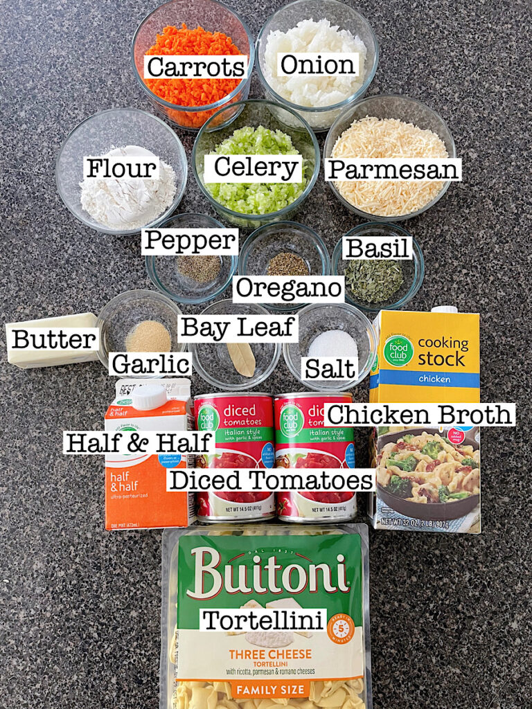 Ingredients to make Creamy Tomato Tortellini Soup.