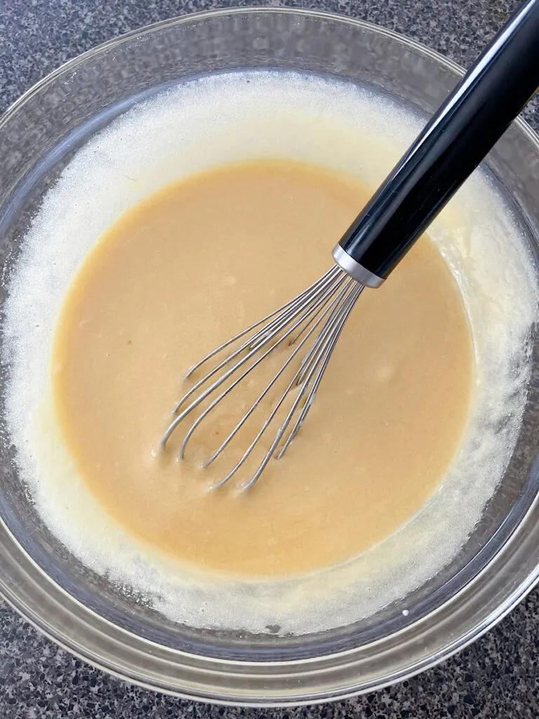 Wet ingredients for white chocolate brownies.