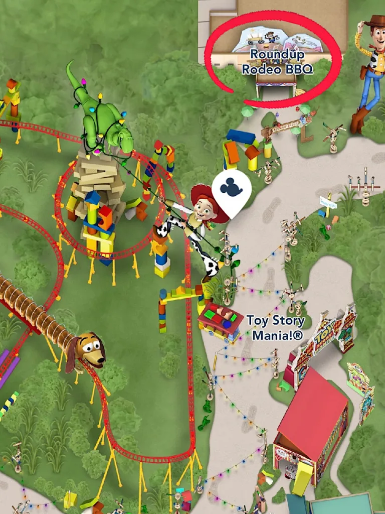 Map of Toy Story Land showing the location of Roundup Rodeo BBQ.