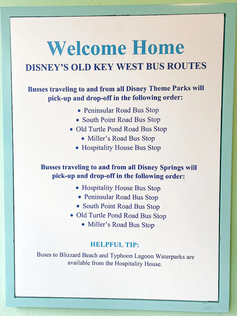 Bus schedule for Disney's Old Key West Resort.