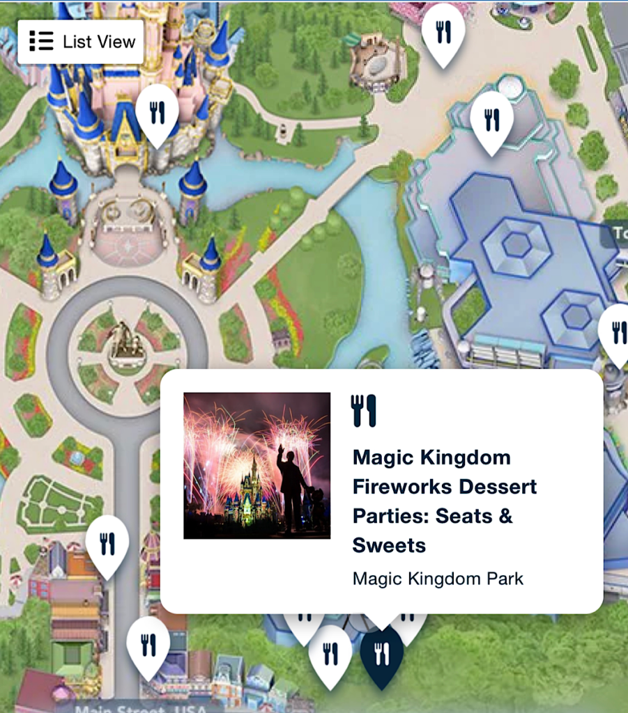 Map of fireworks viewing party for a Disney dessert party at Magic Kingdom.