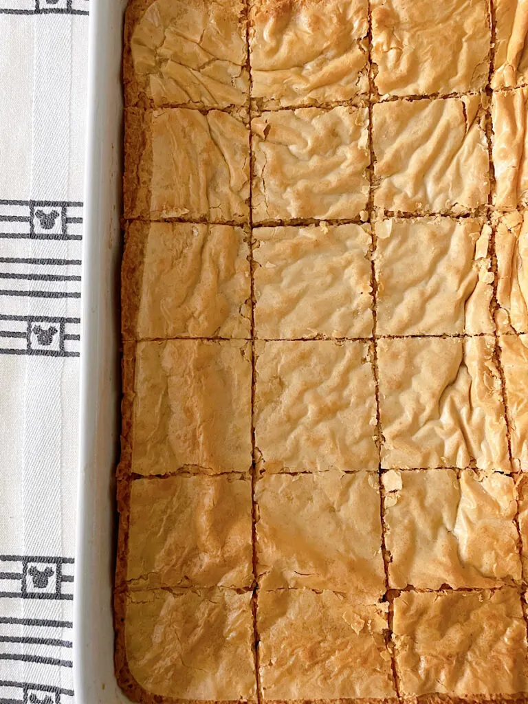 A pan of white chocolate brownies.