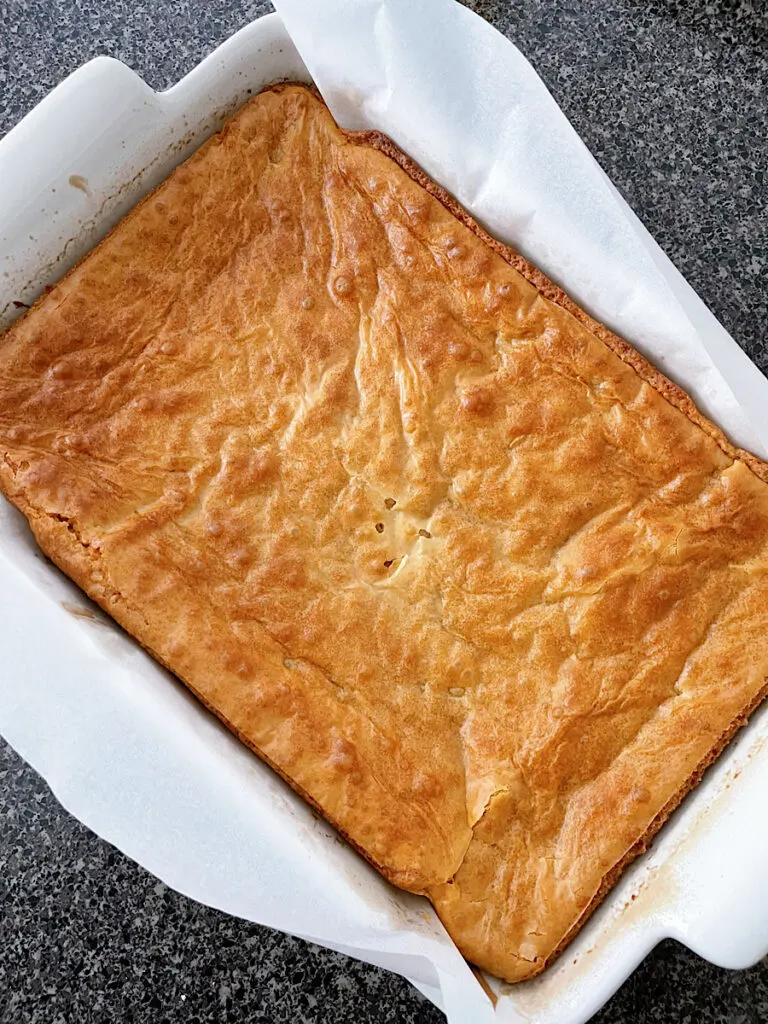 Freshly baked white chocolate brownies.