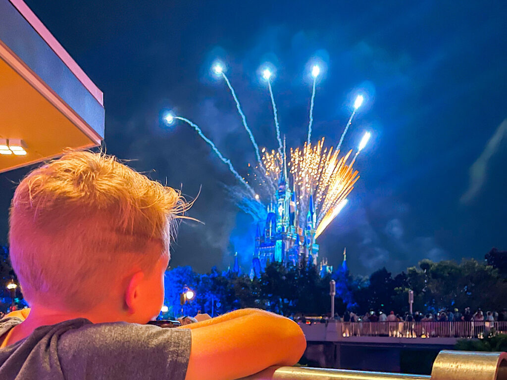 A boy watching the fireworks at Magic Kingdom from Tomorrowland Terrace during a fireworks dessert party.