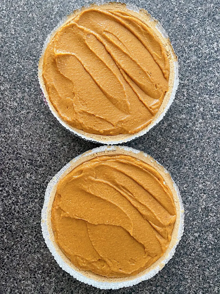 Two pies with no bake pumpkin and no bake cheesecake.