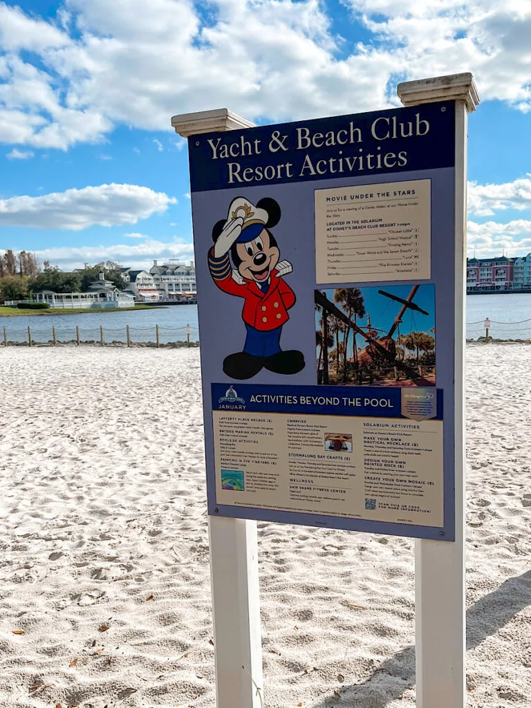 Beach & Yacht Club activities sign.
