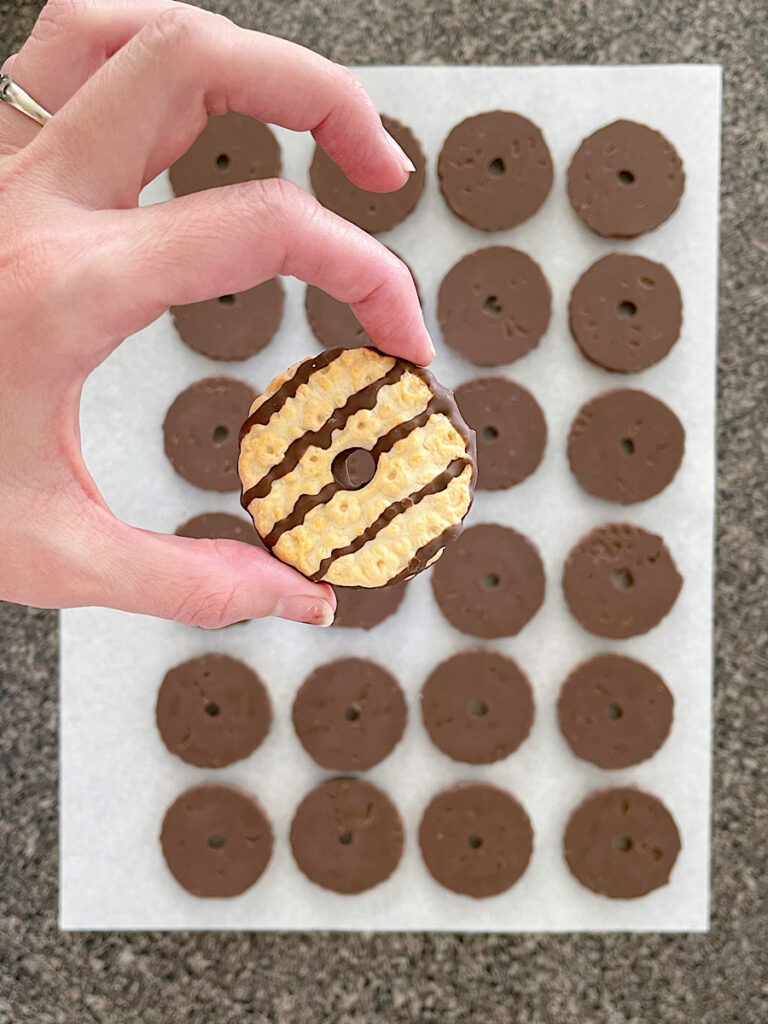 Fudge stripe cookies on parchment paper.