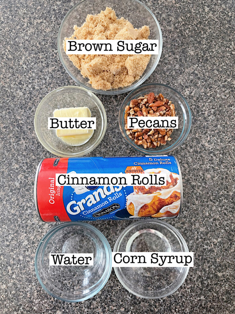 Ingredients to make caramel pecan sticky buns with Pillsbury cinnamon rolls.