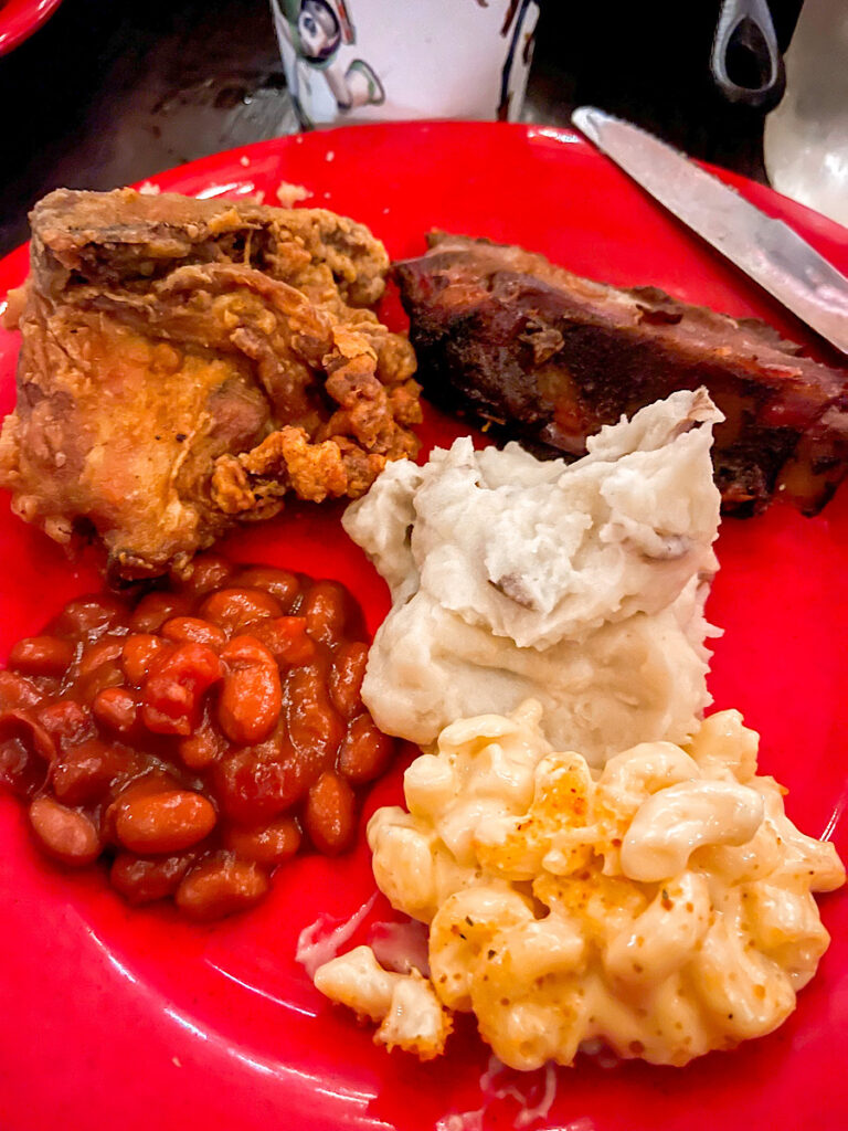 Cowboy Baked Beans, mashed potatoes, and macaroni & cheese from Hoop-Dee-Doo Musical Revue.