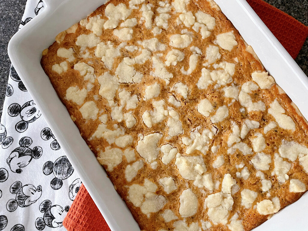 Caramel shortbread bars in a baking dish.