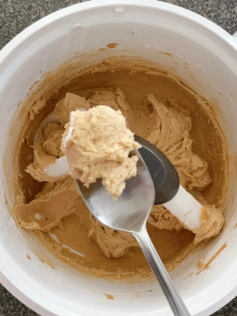 Peanut butter cookie dough on a spoon.
