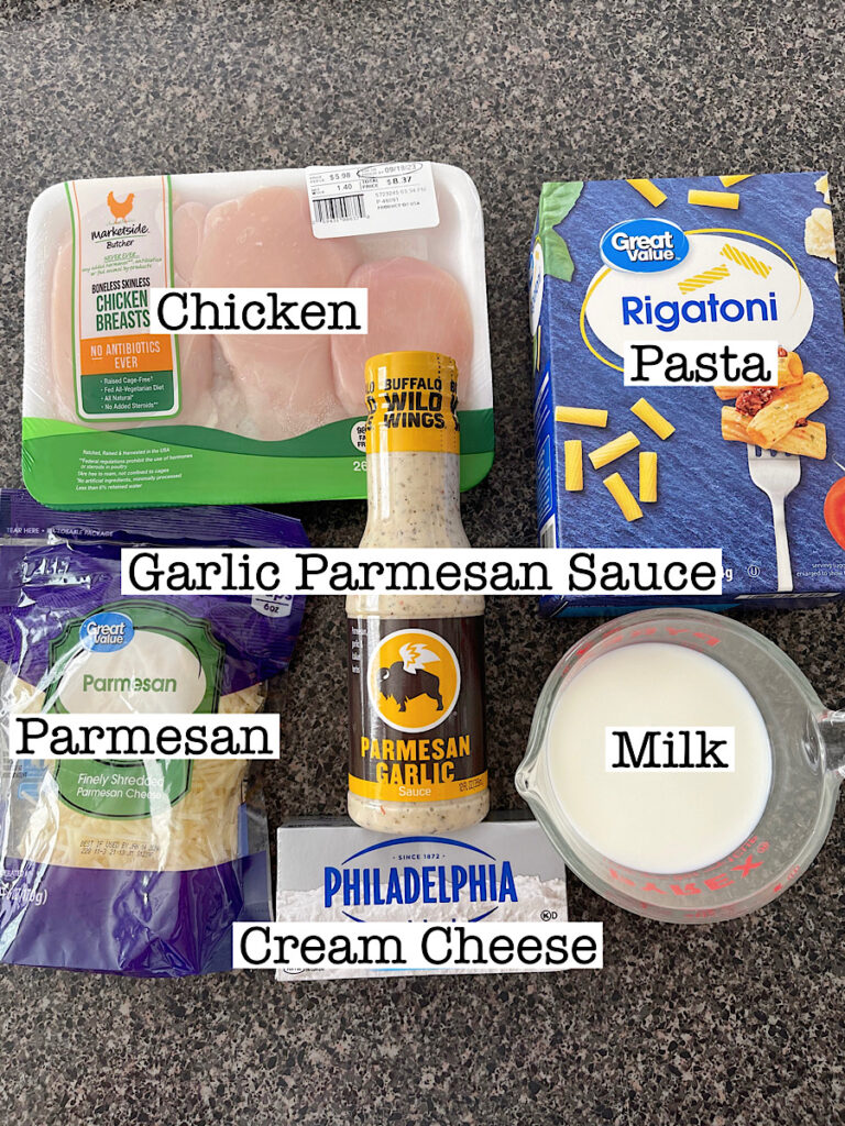 Ingredients to make Buffalo Wild Wings Garlic Parmesan Chicken Pasta.