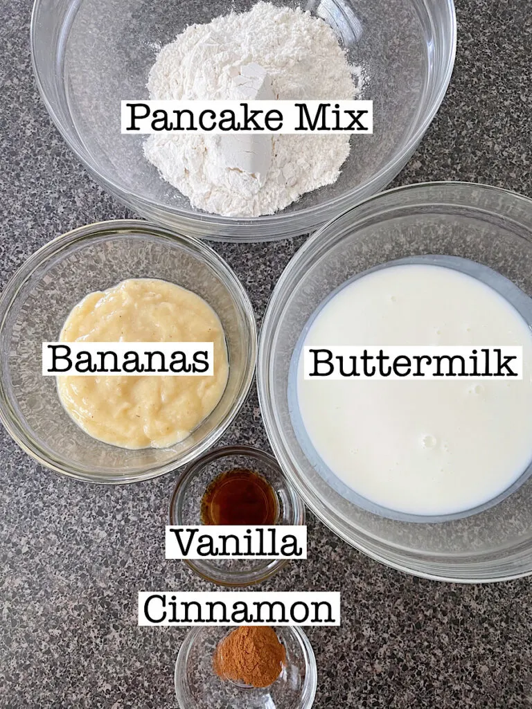 Ingredients to make banana pancakes with pancake mix.
