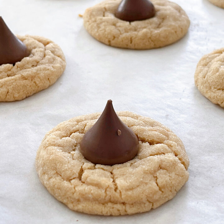 A peanut butter cookie with a Hershey's kiss.