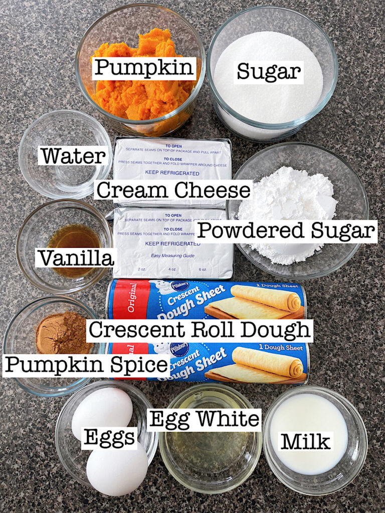 Ingredients to make a pumpkin cream cheese crescent rolls bake.
