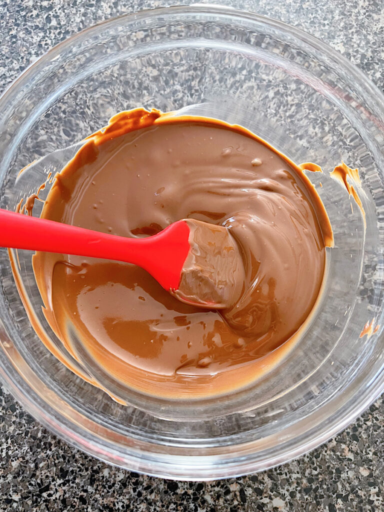 A bowl of melted chocolate with a red spatula.