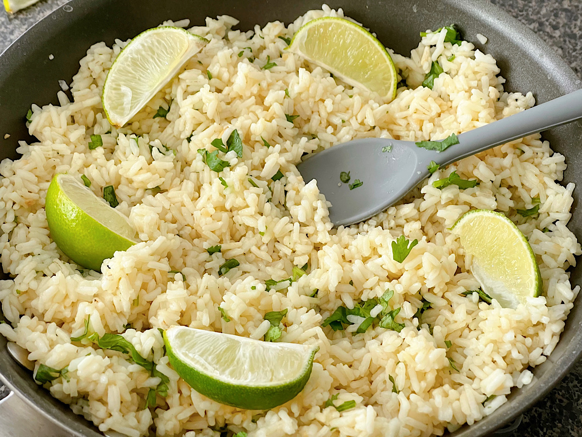 A pan of cafe rio cilantro lime rice.