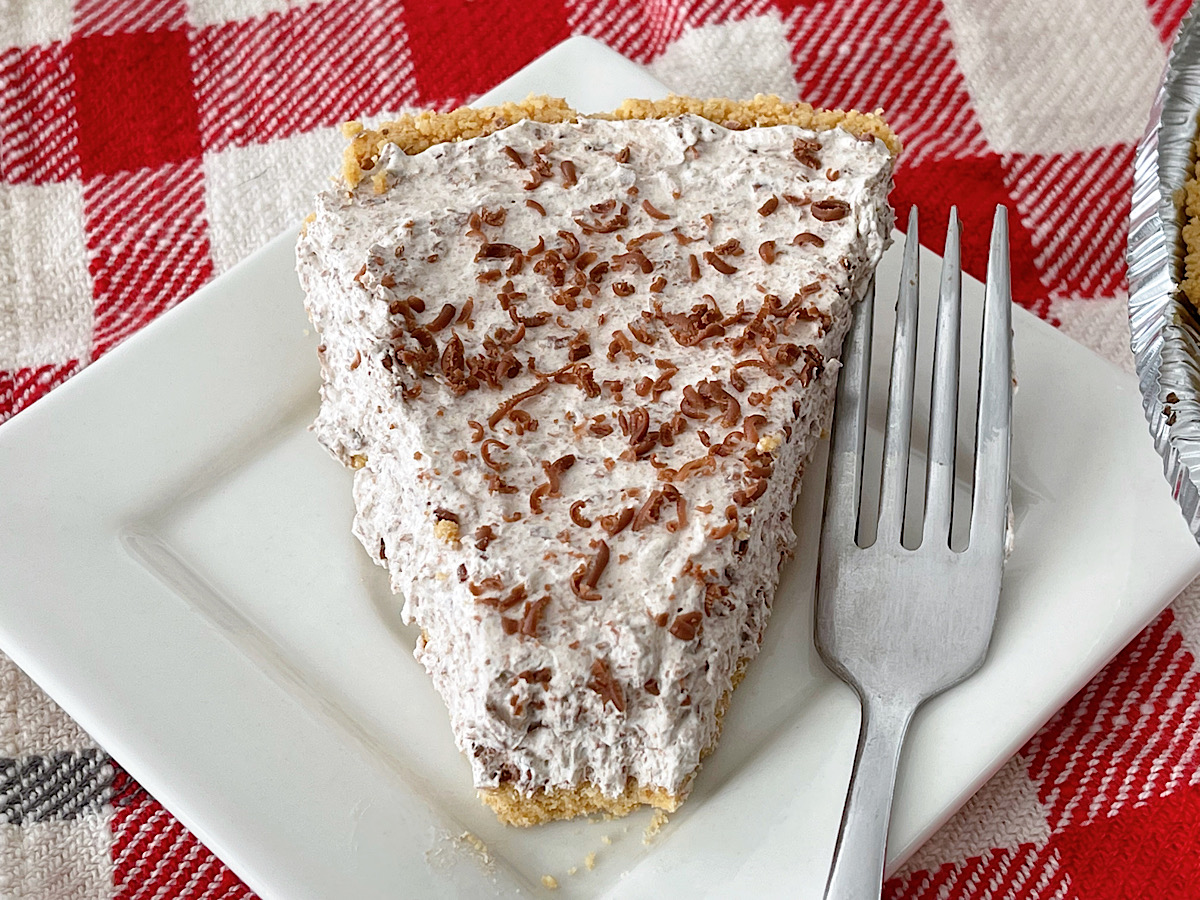 A slice of Chocolate Cool Whip pie.
