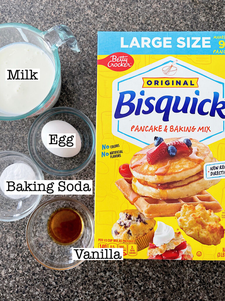 Ingredients needed to make Bisquick Buttermilk Pancakes.