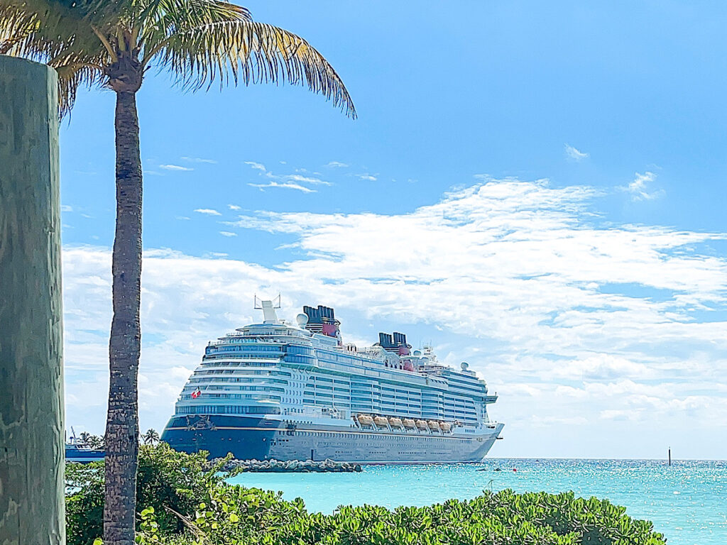 The Disney Wish docked at Castaway Cay.