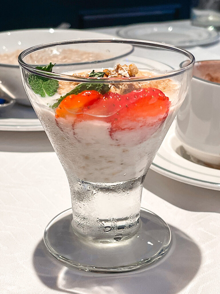 A yogurt parfait from the breakfast menu on the Disney Wish.