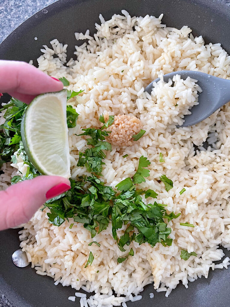 Minute rice with garlic, lime juice, and cilantro.