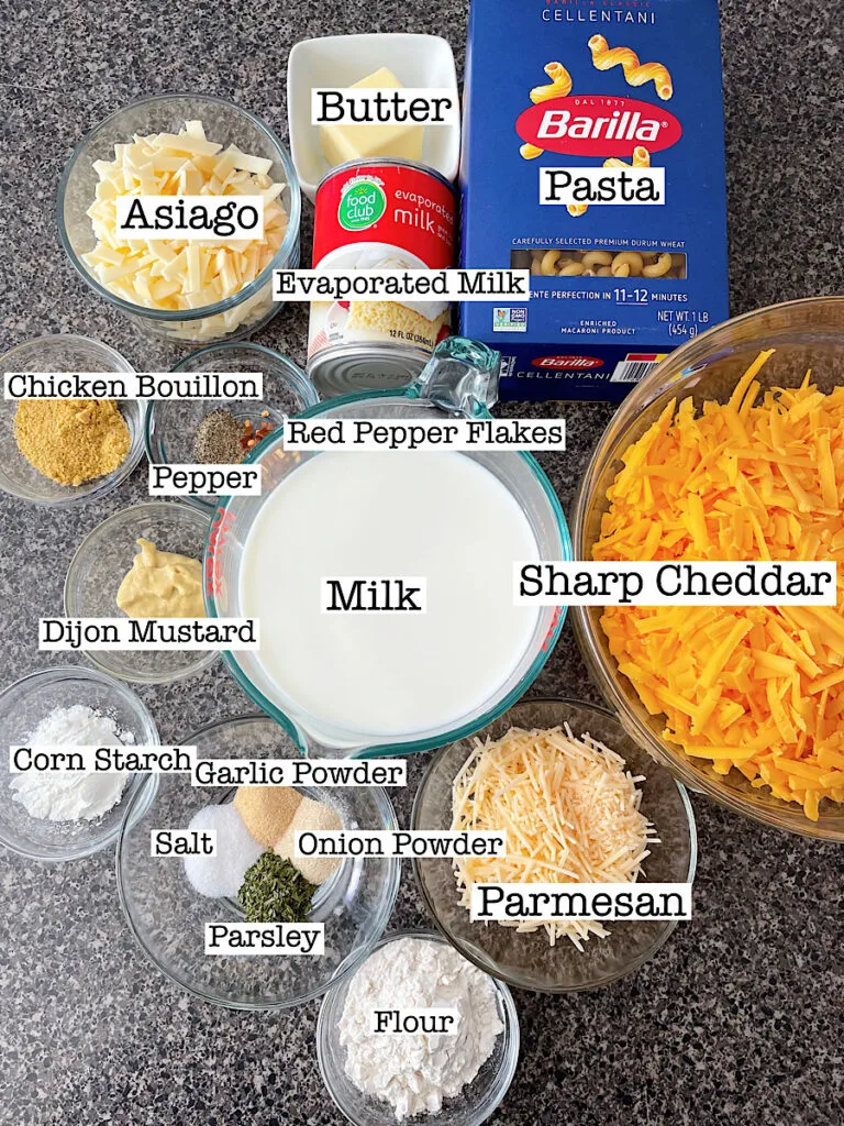 Ingredients to make three cheese cast iron skillet macaroni and cheese.