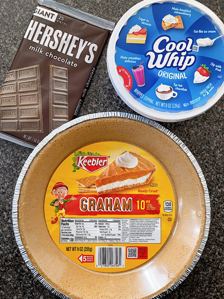 Ingredients to make a no bake chocolate Cool Whip pie.