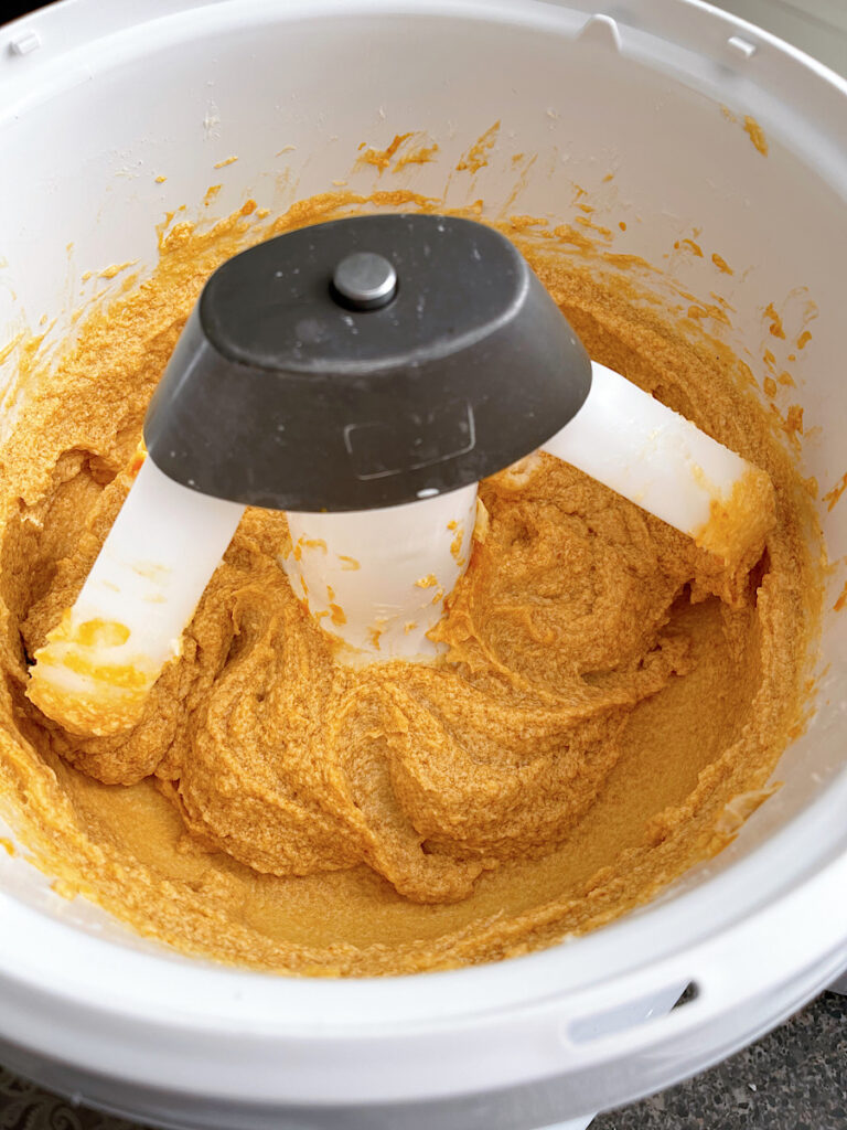 Wet ingredients to make pumpkin snickerdoodle dough.