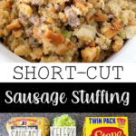A picture collage for short-cut sausage stuffing made with Stove Top.