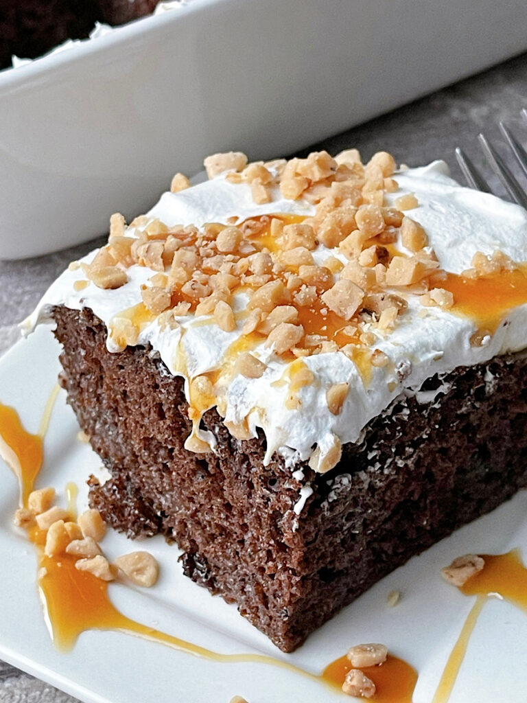 A chocolate cake with holes poked in it.