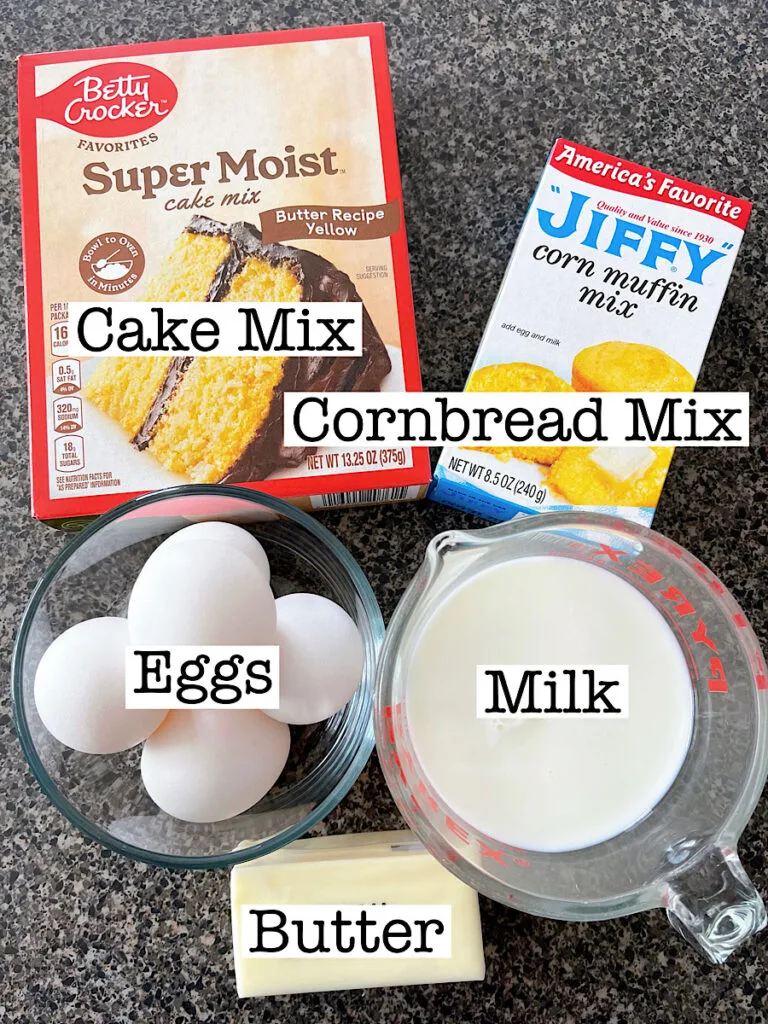 Ingredients to make a cornbread cake recipe including a yellow cake mix and Jiffy cornbread muffing mix.