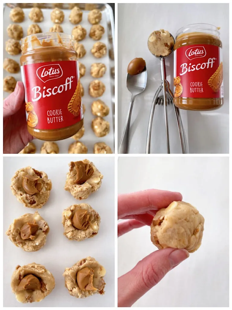 A picture collage showing how to add cookie butter to the center of cookie dough balls.