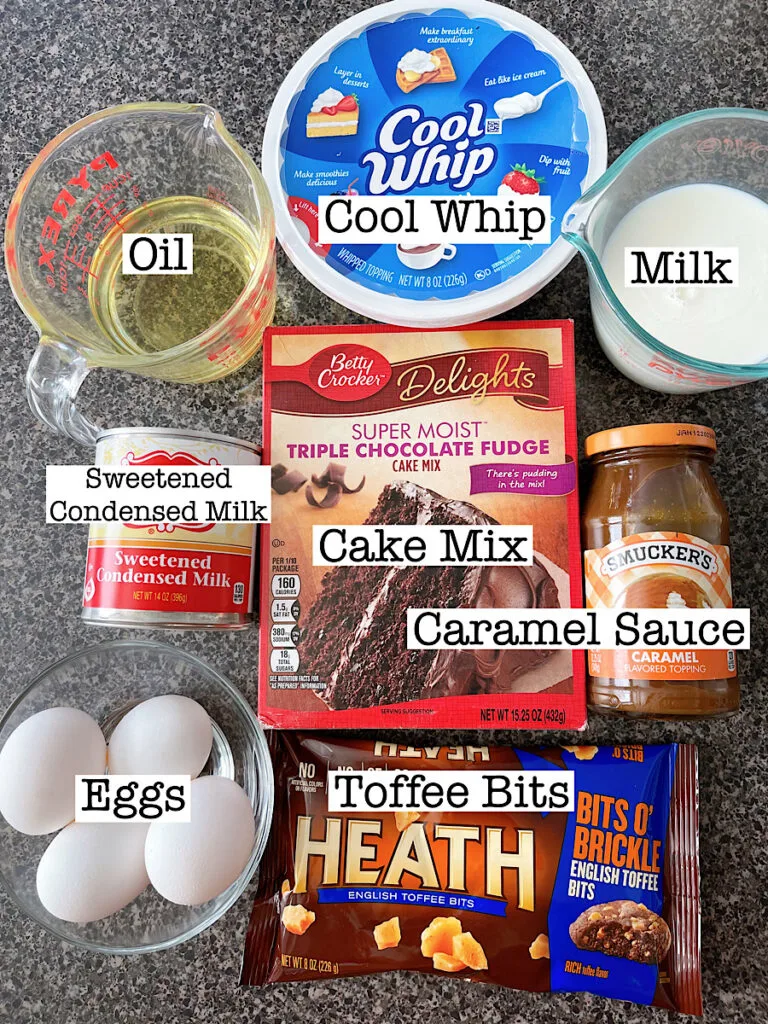 Ingredients to make a chocolate toffee poke cake.