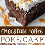 A slice of chocolate poke cake topped with Cool Whip and toffee bits.